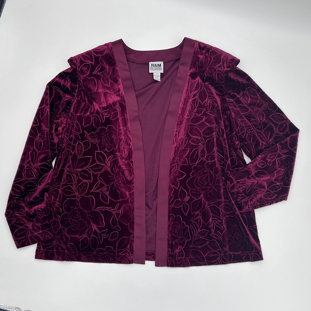 R&M Richards Womens Burgundy Floral Velvet Open Front Cardigan Jacket Size 18 - Picture 2 of 9